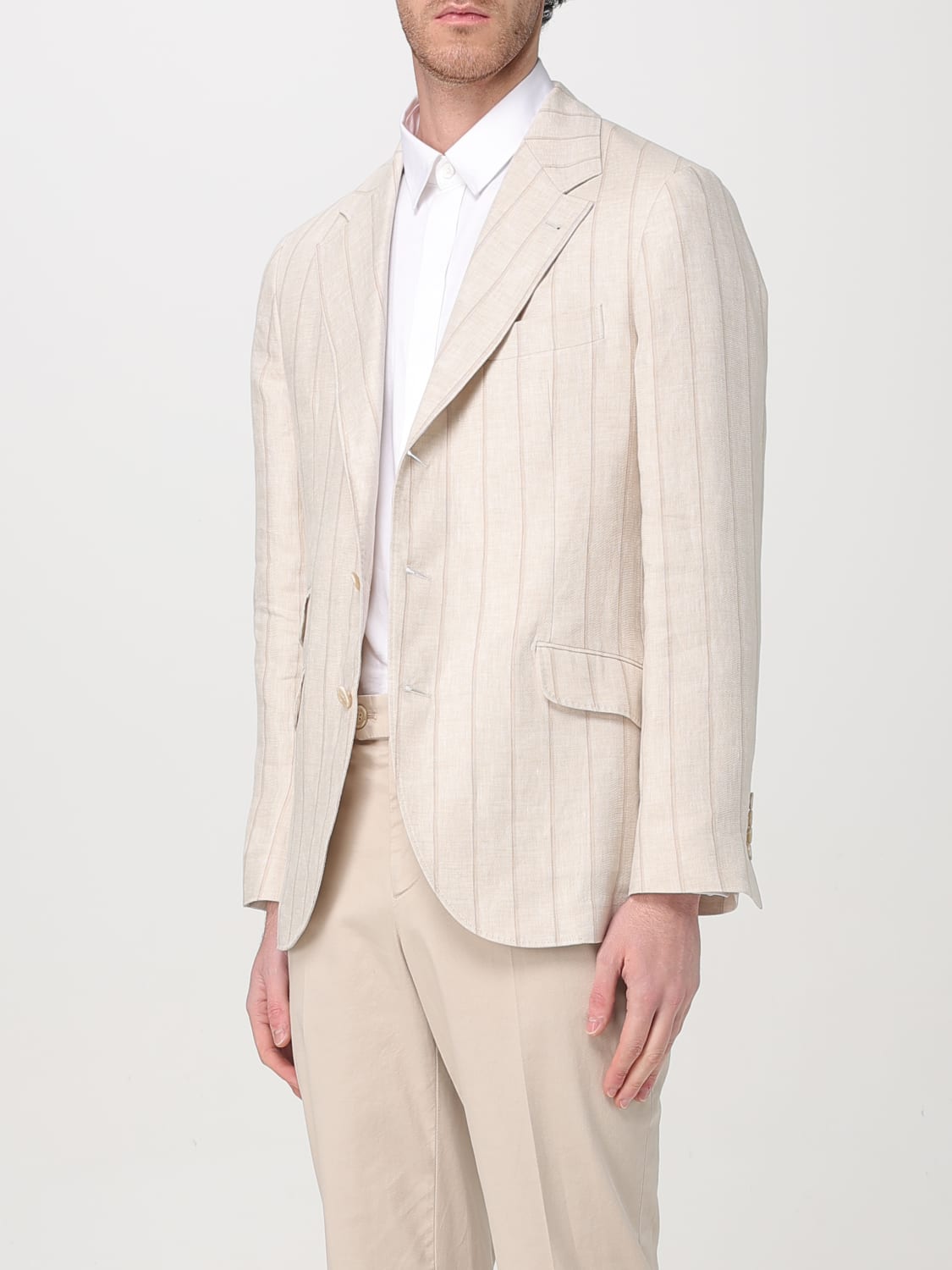 BRUNELLO CUCINELLI MEN'S LIGHT BEIGE LINEN STRIPED BLAZER