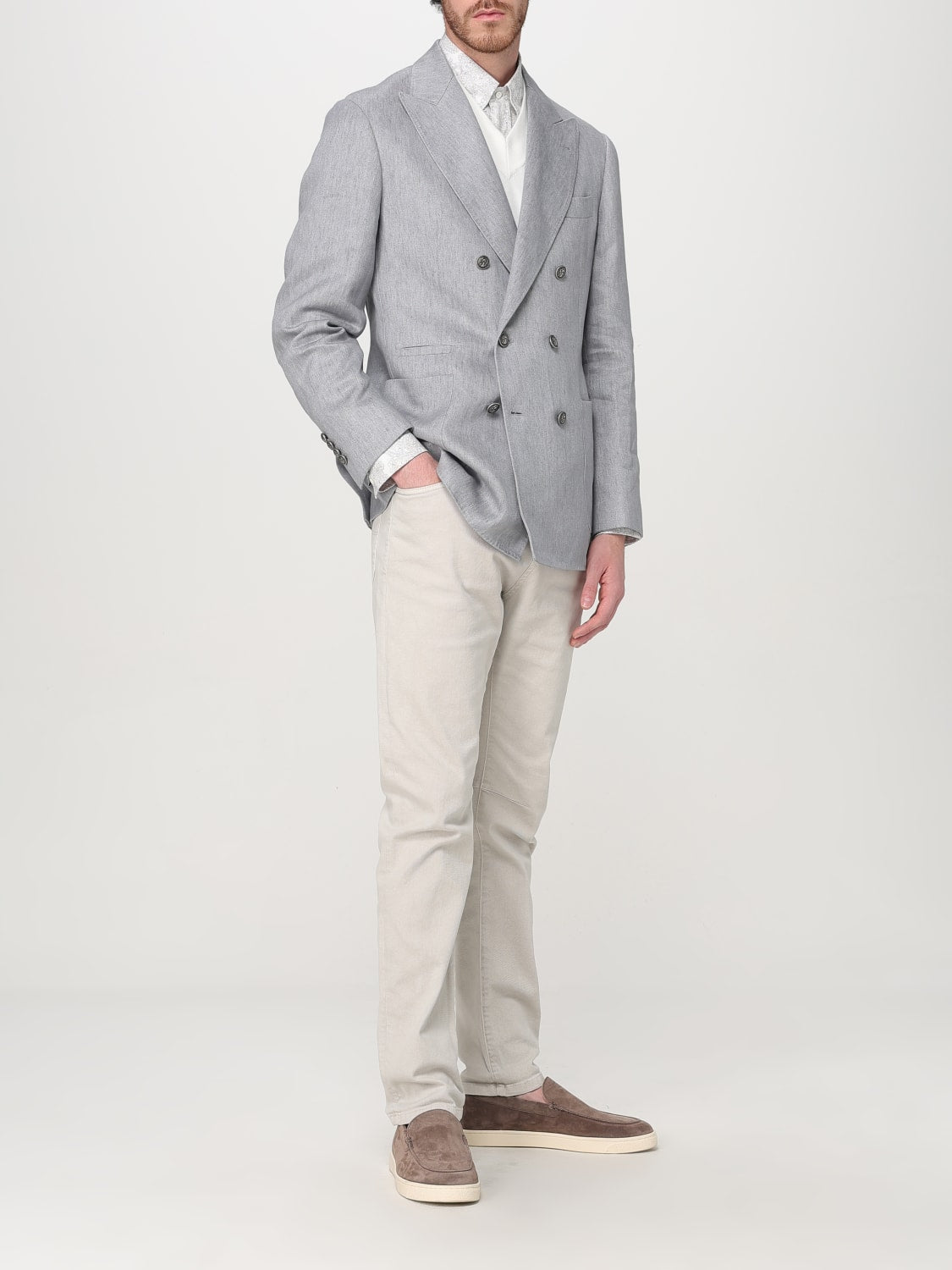 BRUNELLO CUCINELLI MEN'S GREY LINEN DOUBLE-BREASTED BLAZER