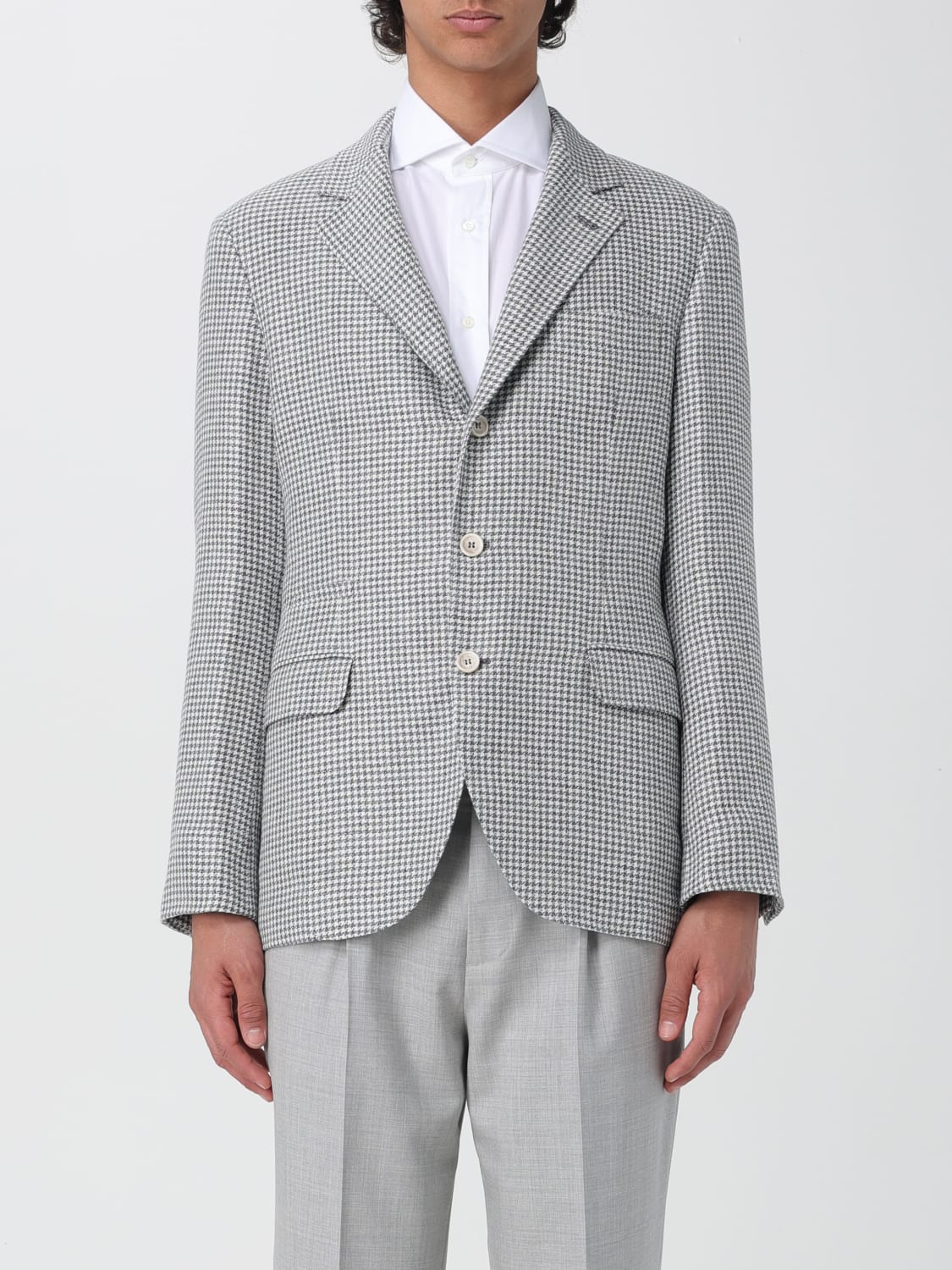 BRUNELLO CUCINELLI MEN'S GREY WOOL BLEND HOUNDSTOOTH BLAZER