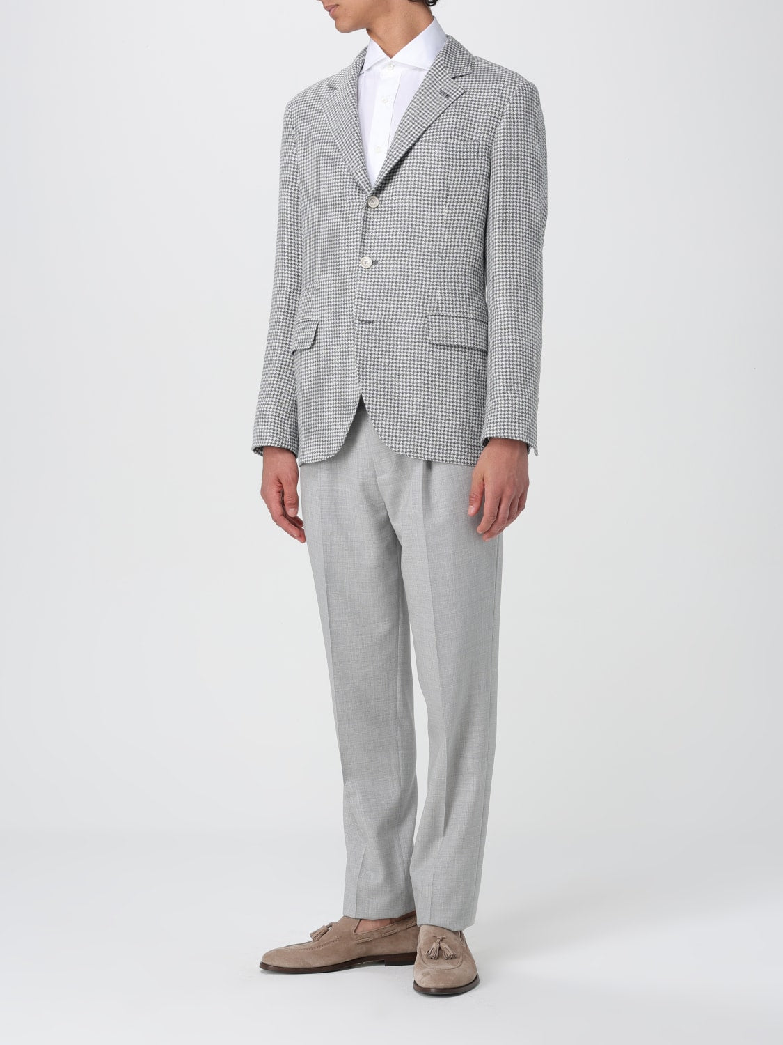 BRUNELLO CUCINELLI MEN'S GREY WOOL BLEND HOUNDSTOOTH BLAZER