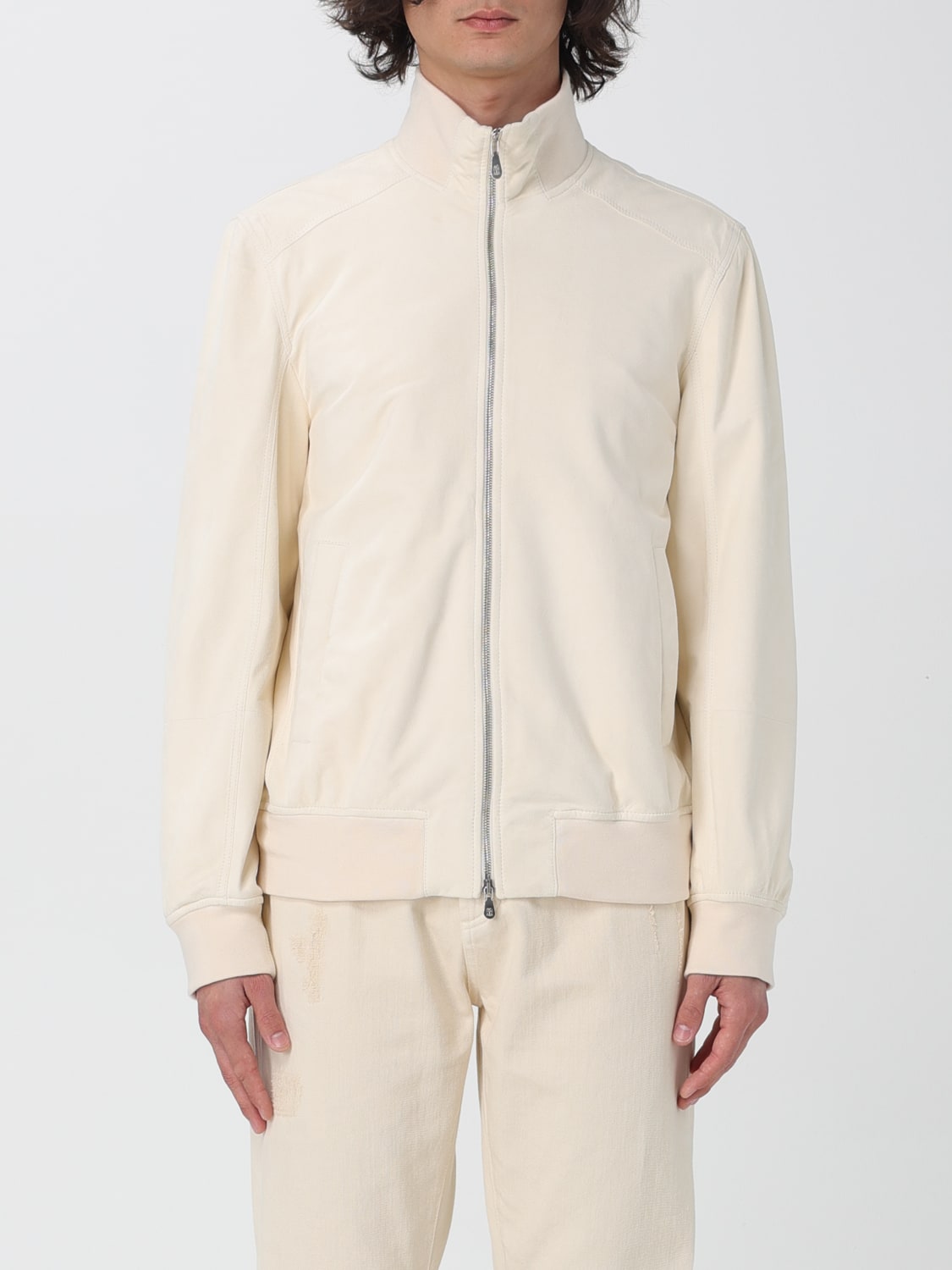 BRUNELLO CUCINELLI MEN'S OFF WHITE LEATHER ZIP JACKET