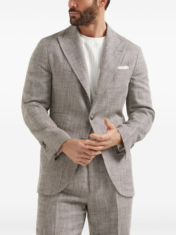 BRUNELLO CUCINELLI MEN'S LIGHT BROWN SILK LINEN BLAZER