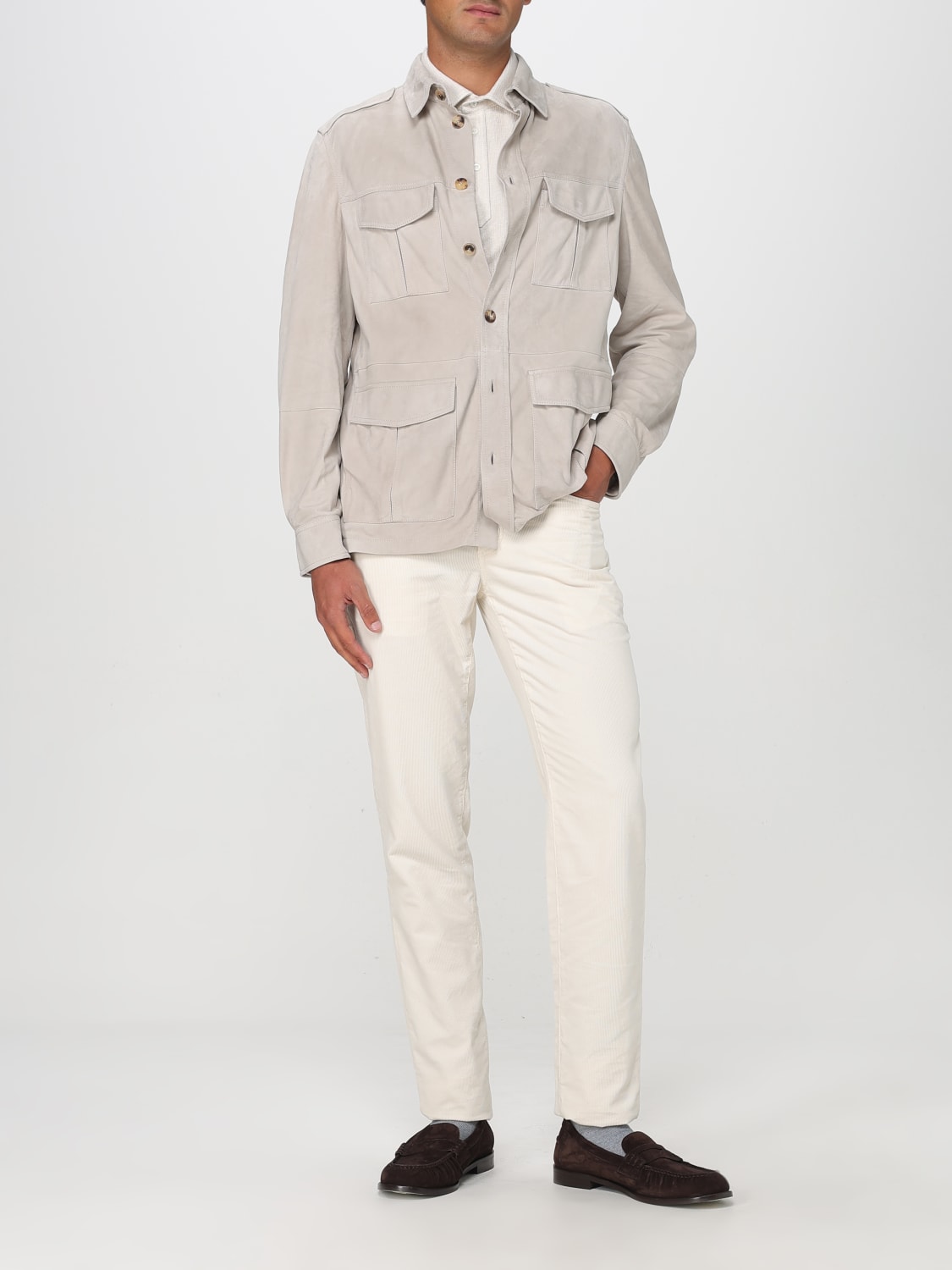 BRUNELLO CUCINELLI MEN'S LIGHT BEIGE SUEDE JACKET