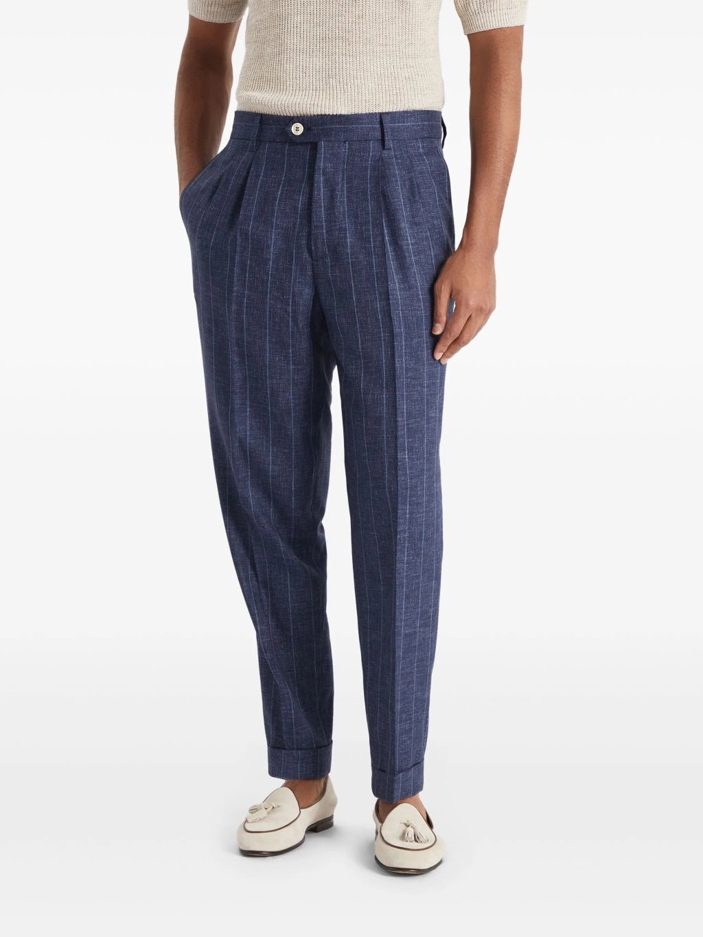 BRUNELLO CUCINELLI MEN'S NAVY WOOL PINSTRIPE TROUSERS
