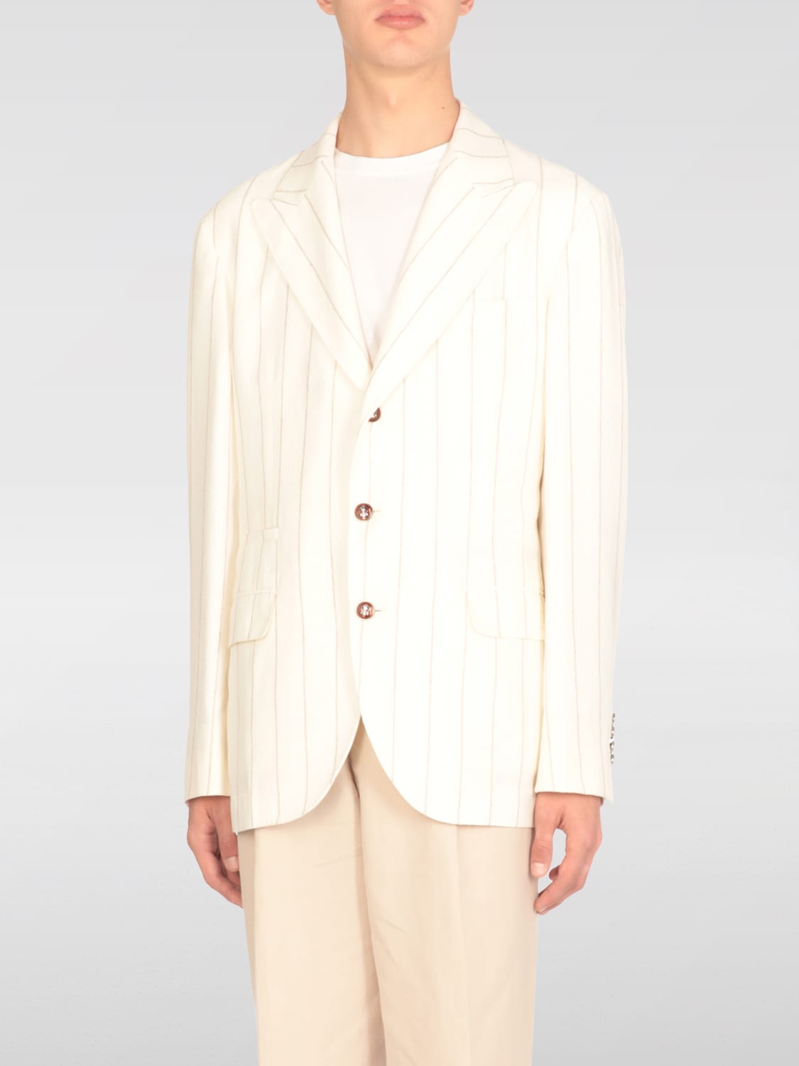 BRUNELLO CUCINELLI MEN'S CREAM LINEN PINSTRIPE BLAZER