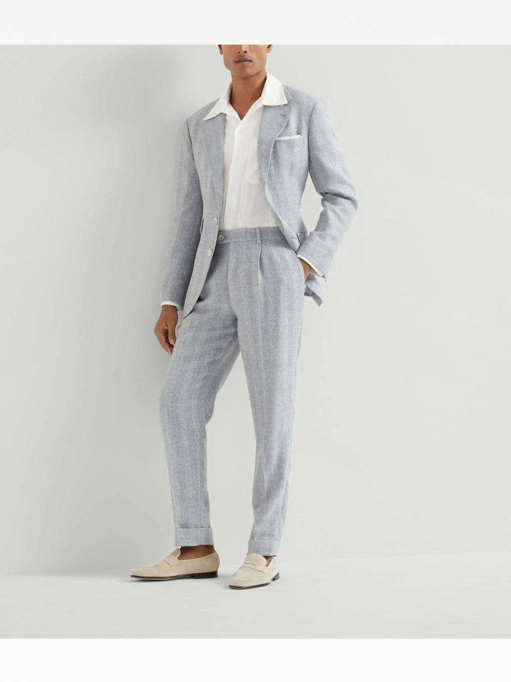 BRUNELLO CUCINELLI MEN'S LIGHT GREY WOOL LINEN TROUSERS