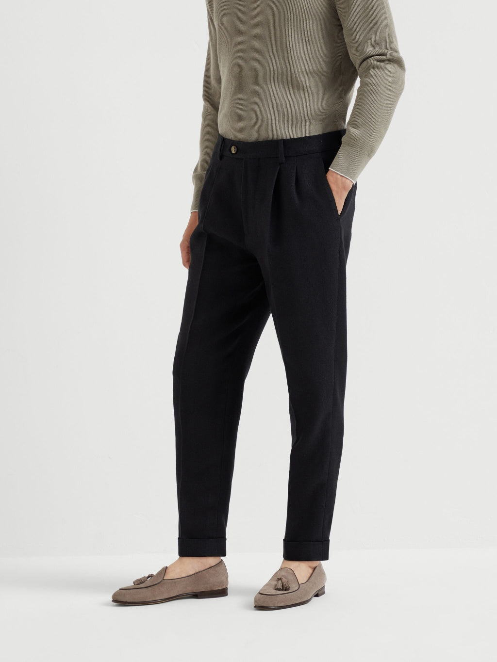 BRUNELLO CUCINELLI MEN'S BLACK WOOL LINEN TROUSERS