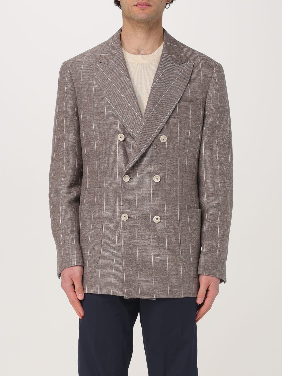 BRUNELLO CUCINELLI MEN'S BROWN WOOL LINEN BLAZER