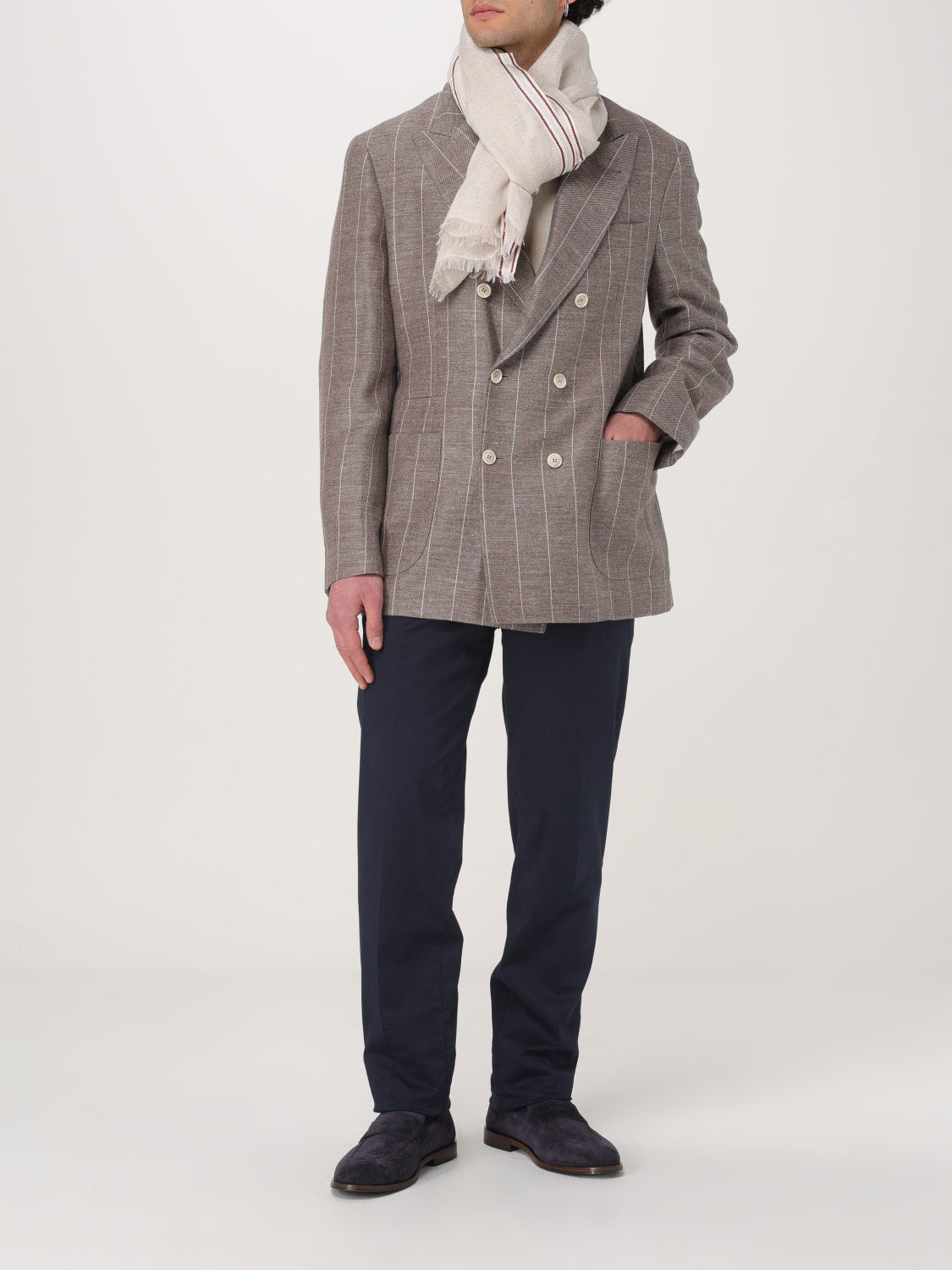 BRUNELLO CUCINELLI MEN'S BROWN WOOL LINEN BLAZER