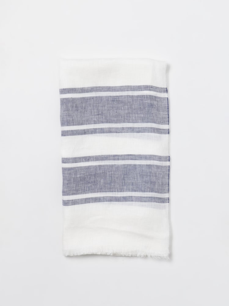BRUNELLO CUCINELLI MEN'S WHITE AND BLUE LINEN STRIPED SCARF