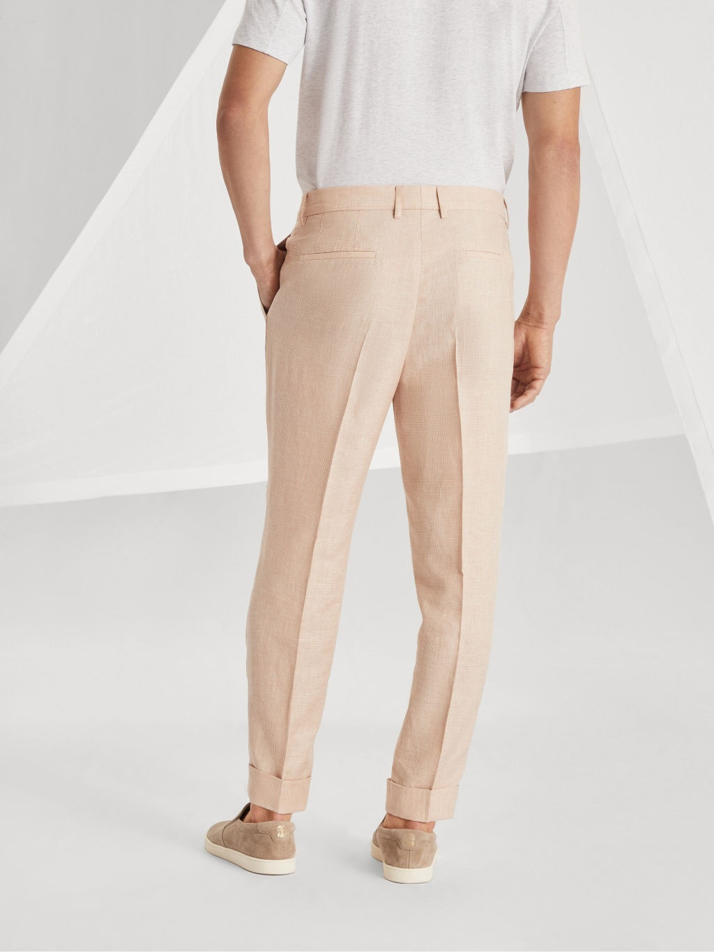BRUNELLO CUCINELLI MEN'S LIGHT PINK WOOL LINEN TROUSERS