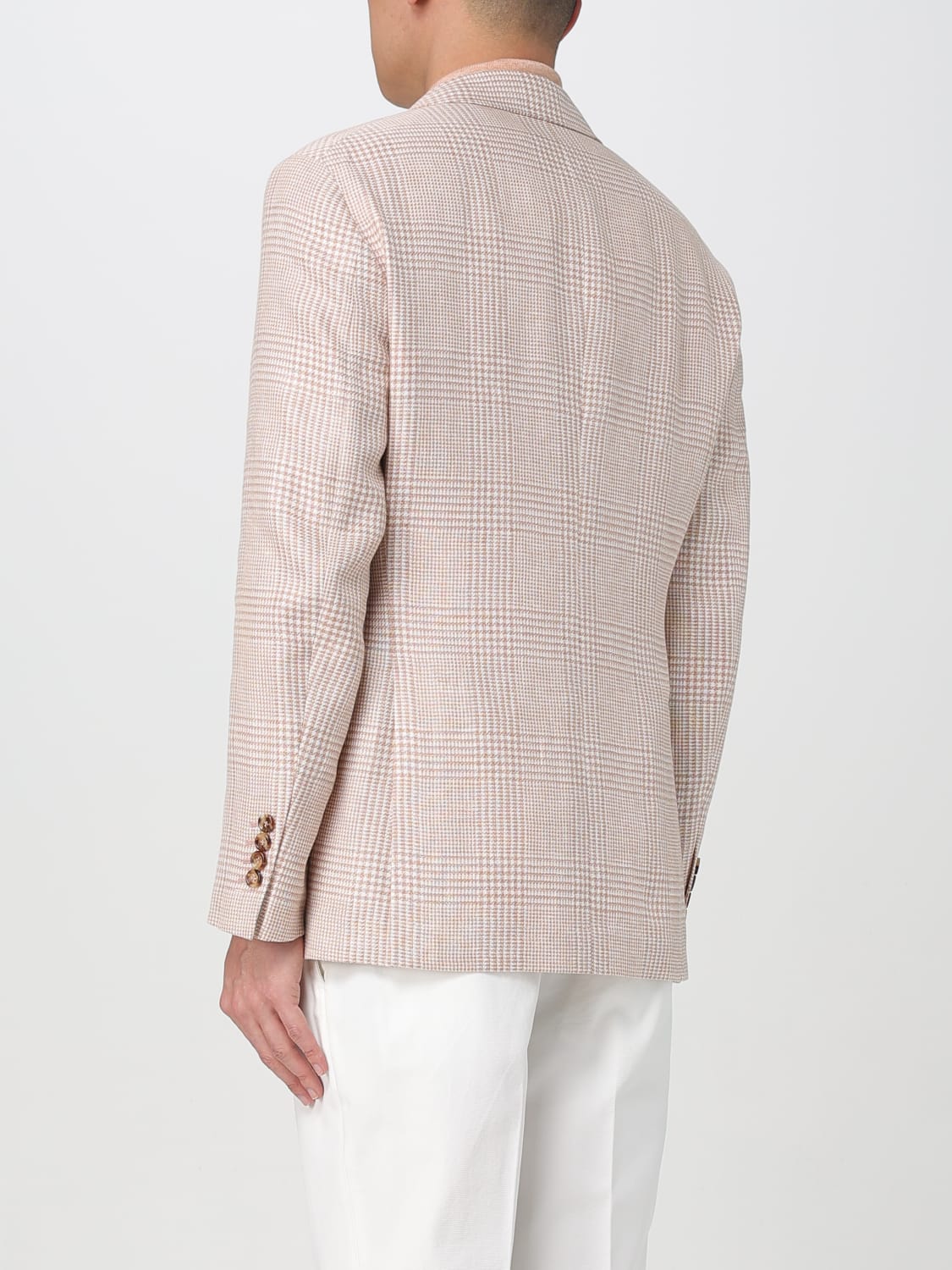 BRUNELLO CUCINELLI MEN'S PAPAYA LINEN WOOL PLAID BLAZER