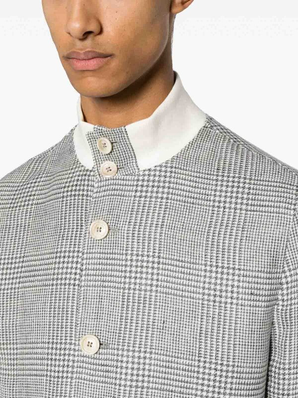 BRUNELLO CUCINELLI MEN'S GREY LINEN WOOL PLAID JACKET