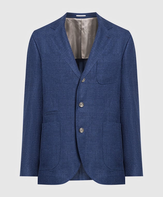 BRUNELLO CUCINELLI MEN'S BLUE LINEN WOOL BLAZER