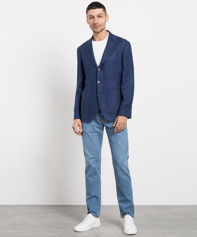 BRUNELLO CUCINELLI MEN'S BLUE LINEN WOOL BLAZER