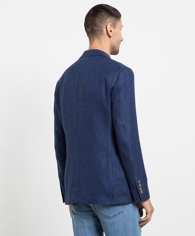 BRUNELLO CUCINELLI MEN'S BLUE LINEN WOOL BLEND BLAZER