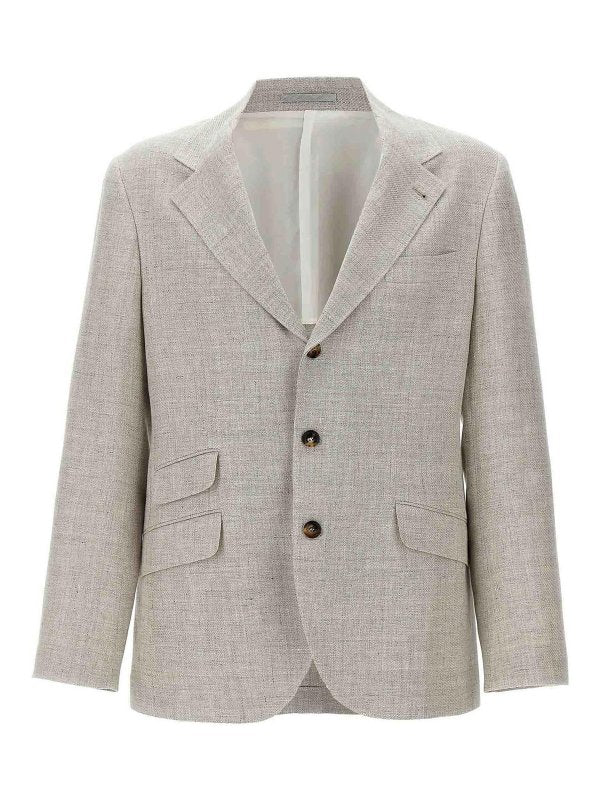 BRUNELLO CUCINELLI MEN'S LIGHT BEIGE LINEN WOOL BLAZER