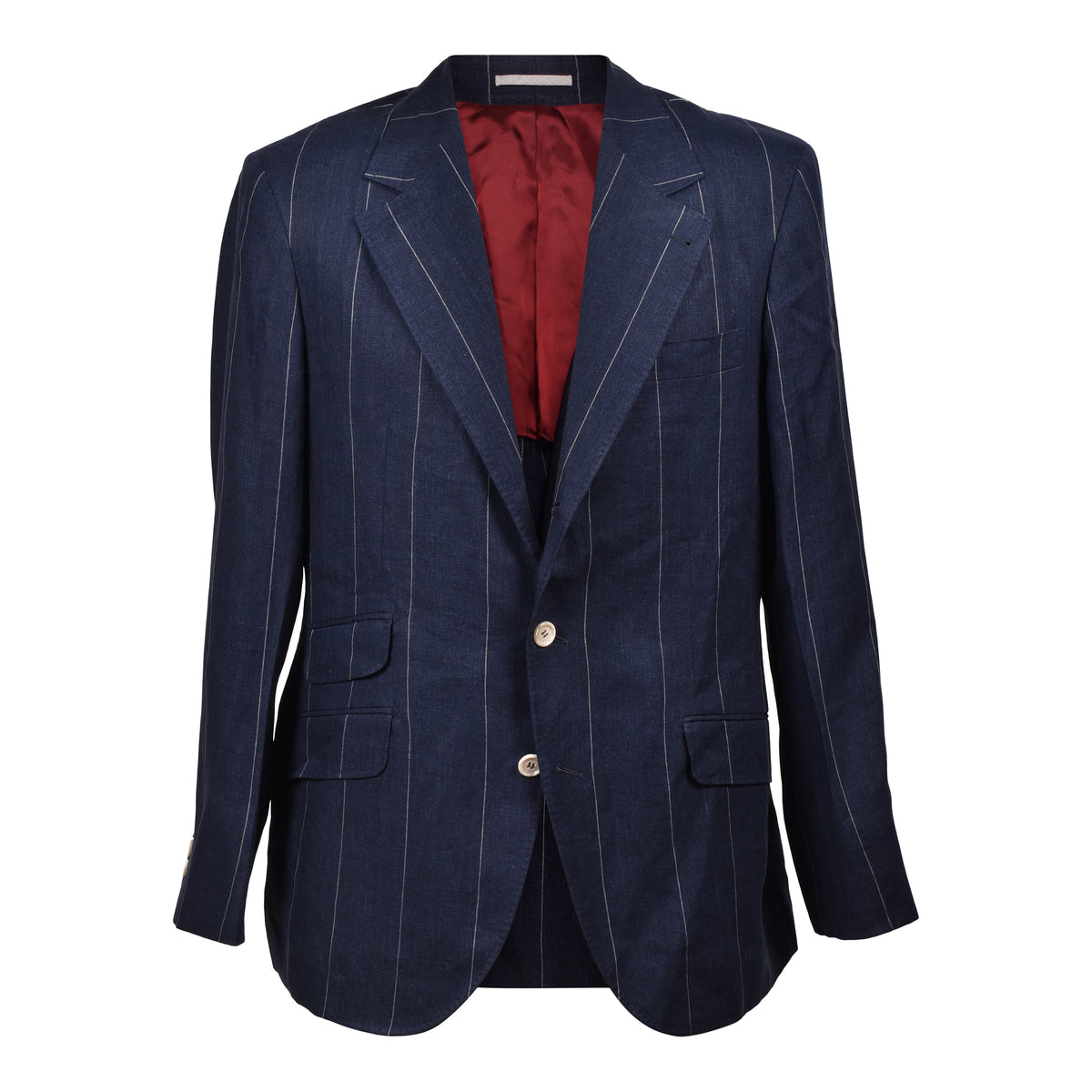 BRUNELLO CUCINELLI MEN'S NAVY STRIPED LINEN SUIT