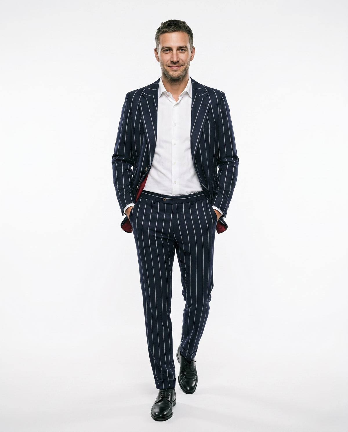 BRUNELLO CUCINELLI MEN'S NAVY STRIPED LINEN SUIT