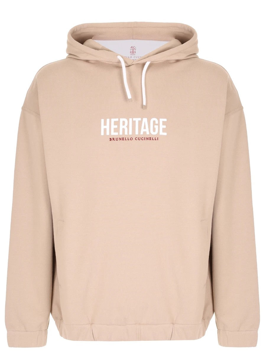 BRUNELLO CUCINELLI MEN'S BEIGE COTTON HOODED SWEATSHIRT