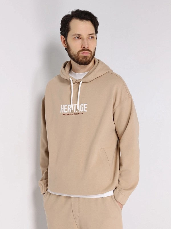 BRUNELLO CUCINELLI MEN'S BEIGE COTTON HOODED SWEATSHIRT