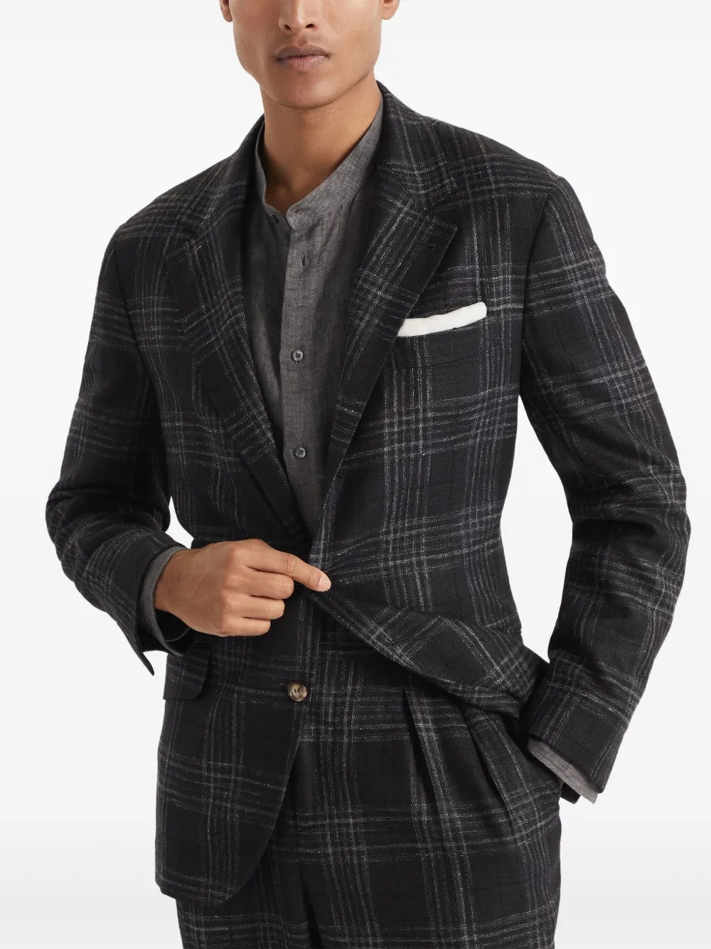 BRUNELLO CUCINELLI MEN'S DARK GREY WOOL SILK BLAZER
