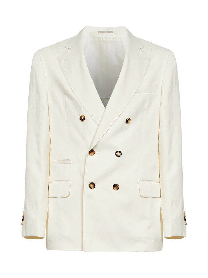 BRUNELLO CUCINELLI MEN'S OFF WHITE SILK LINEN BLAZER