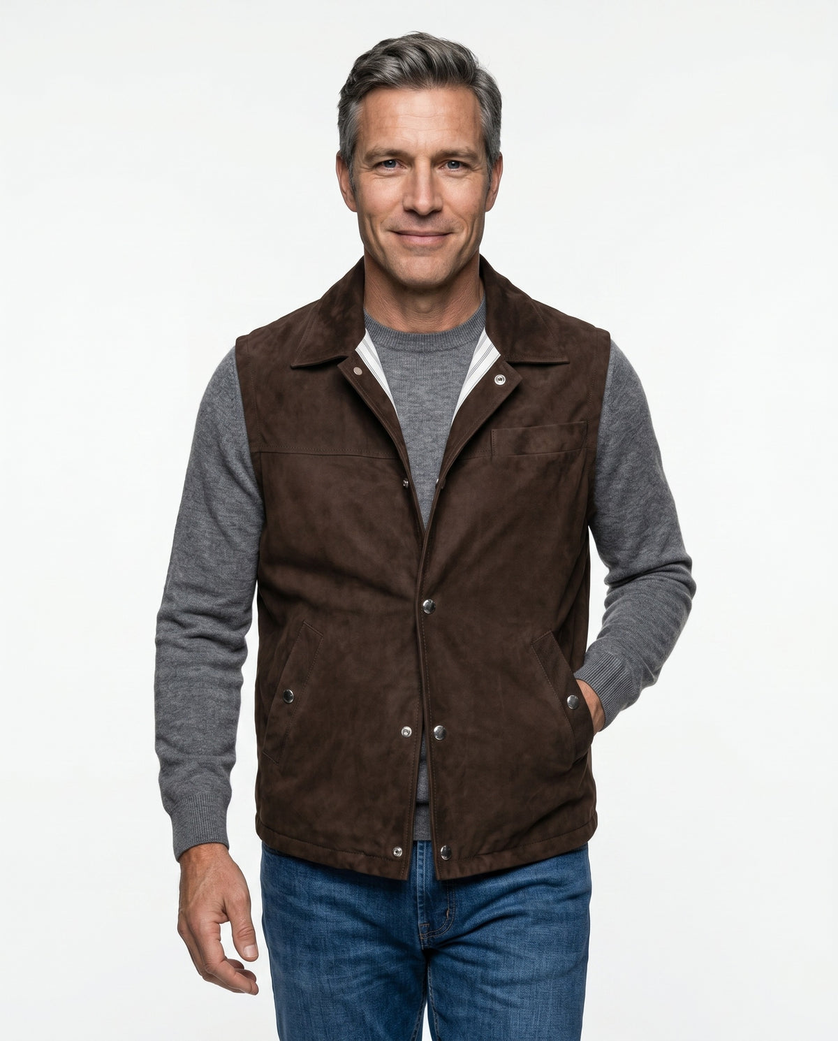 BRUNELLO CUCINELLI MEN'S BROWN SUEDE SLEEVELESS JACKET