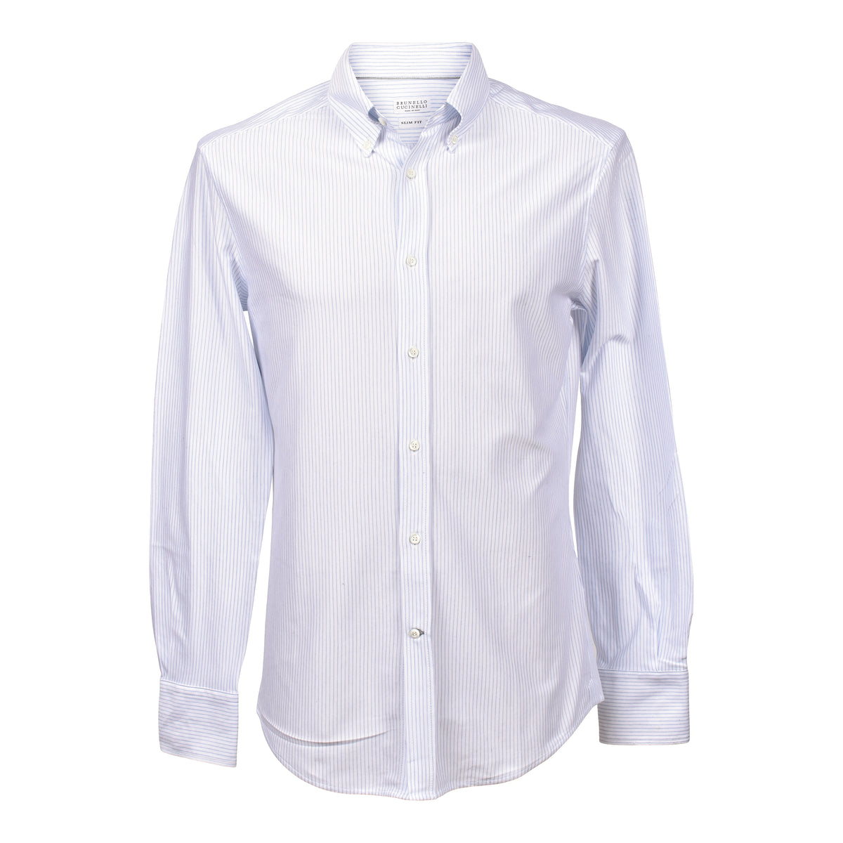 BRUNELLO CUCINELLI MEN'S WHITE LIGHT BLUE STRIPED SHIRT