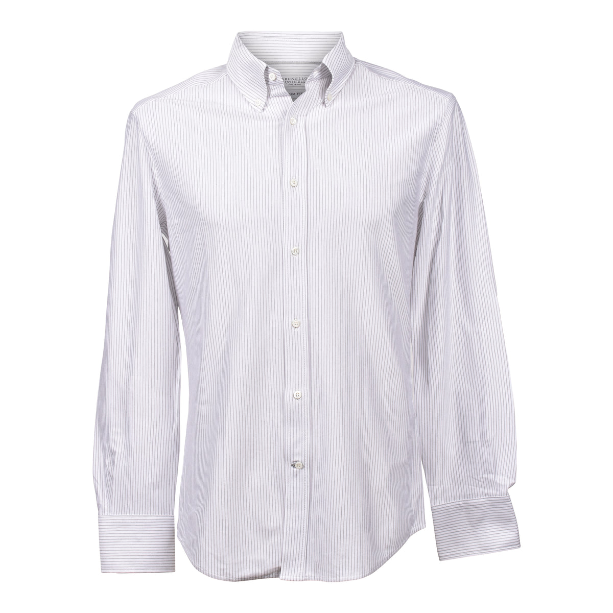 BRUNELLO CUCINELLI MEN'S WHITE MOCHA STRIPED DRESS SHIRT