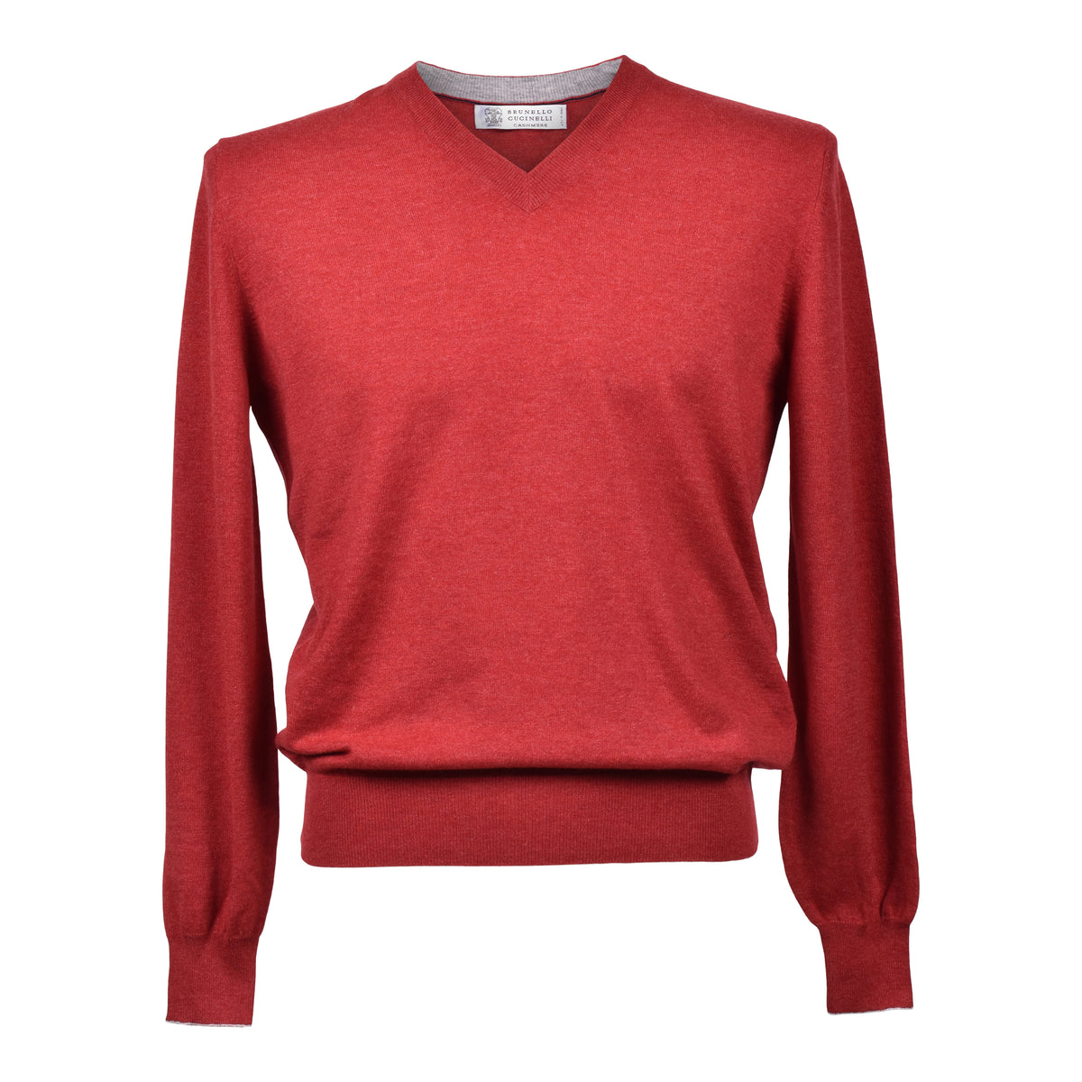 BRUNELLO CUCINELLI MEN'S RED CASHMERE V NECK SWEATER