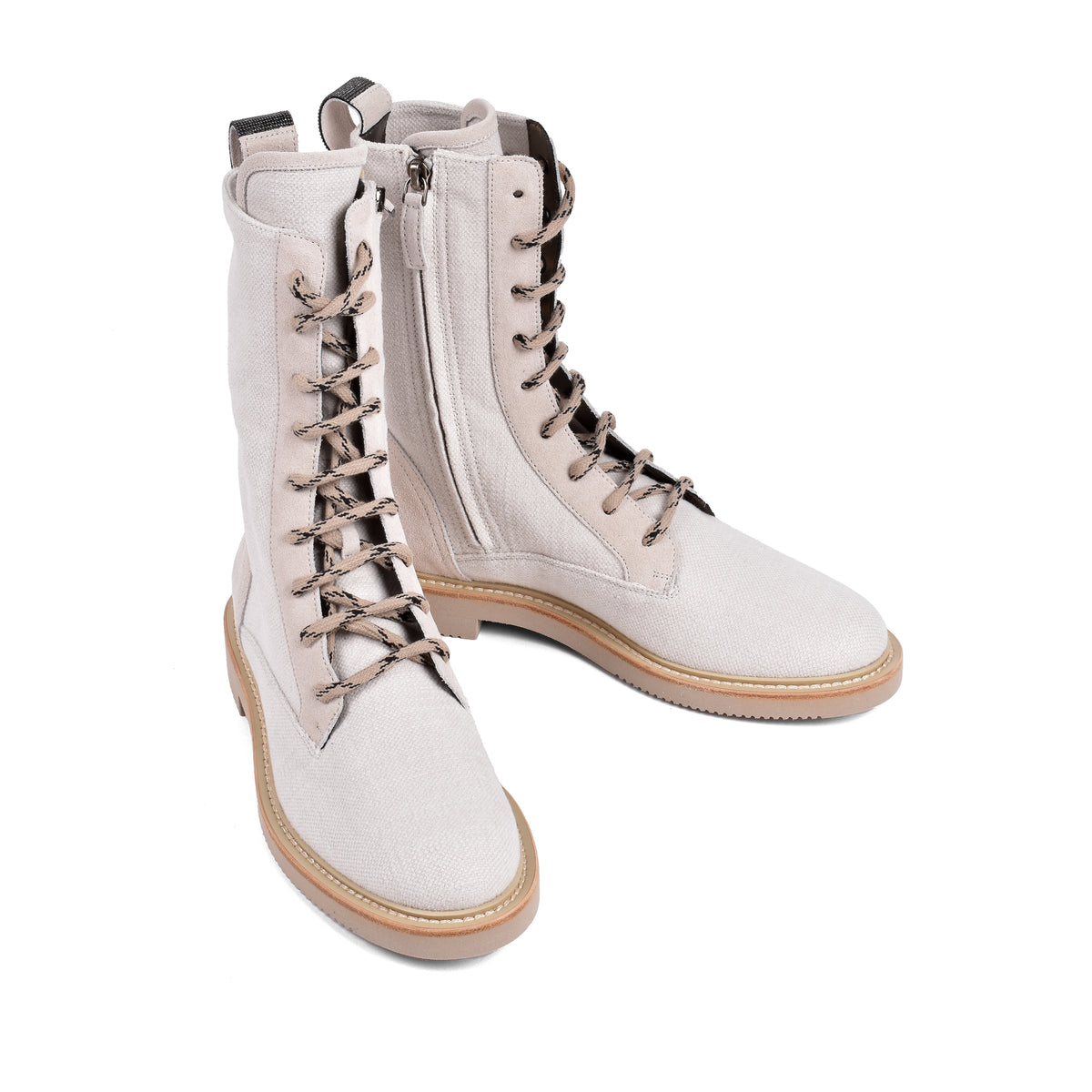 BRUNELLO CUCINELLI WOMEN'S LIGHT BEIGE CANVAS COMBAT BOOTS