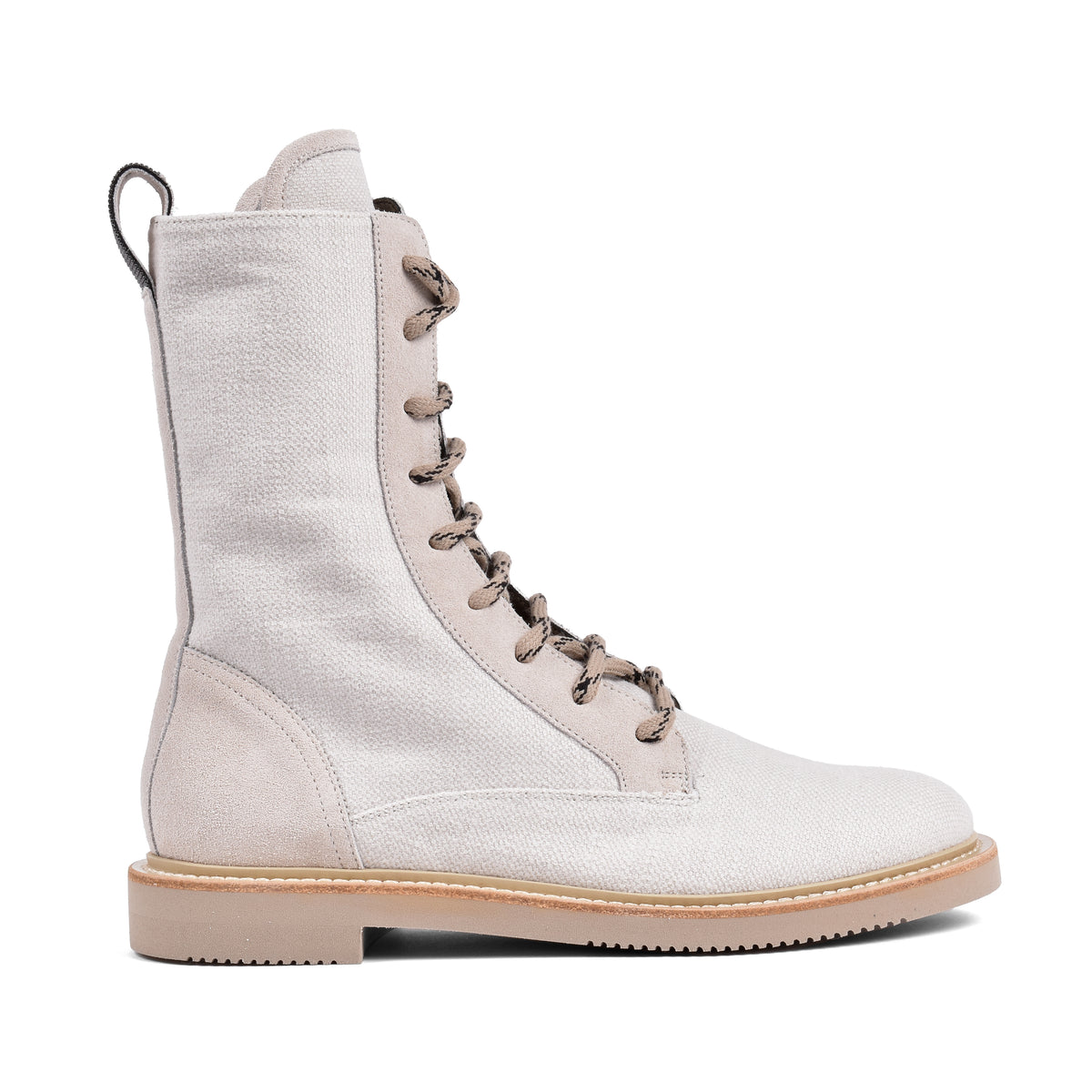 BRUNELLO CUCINELLI WOMEN'S LIGHT BEIGE CANVAS COMBAT BOOTS