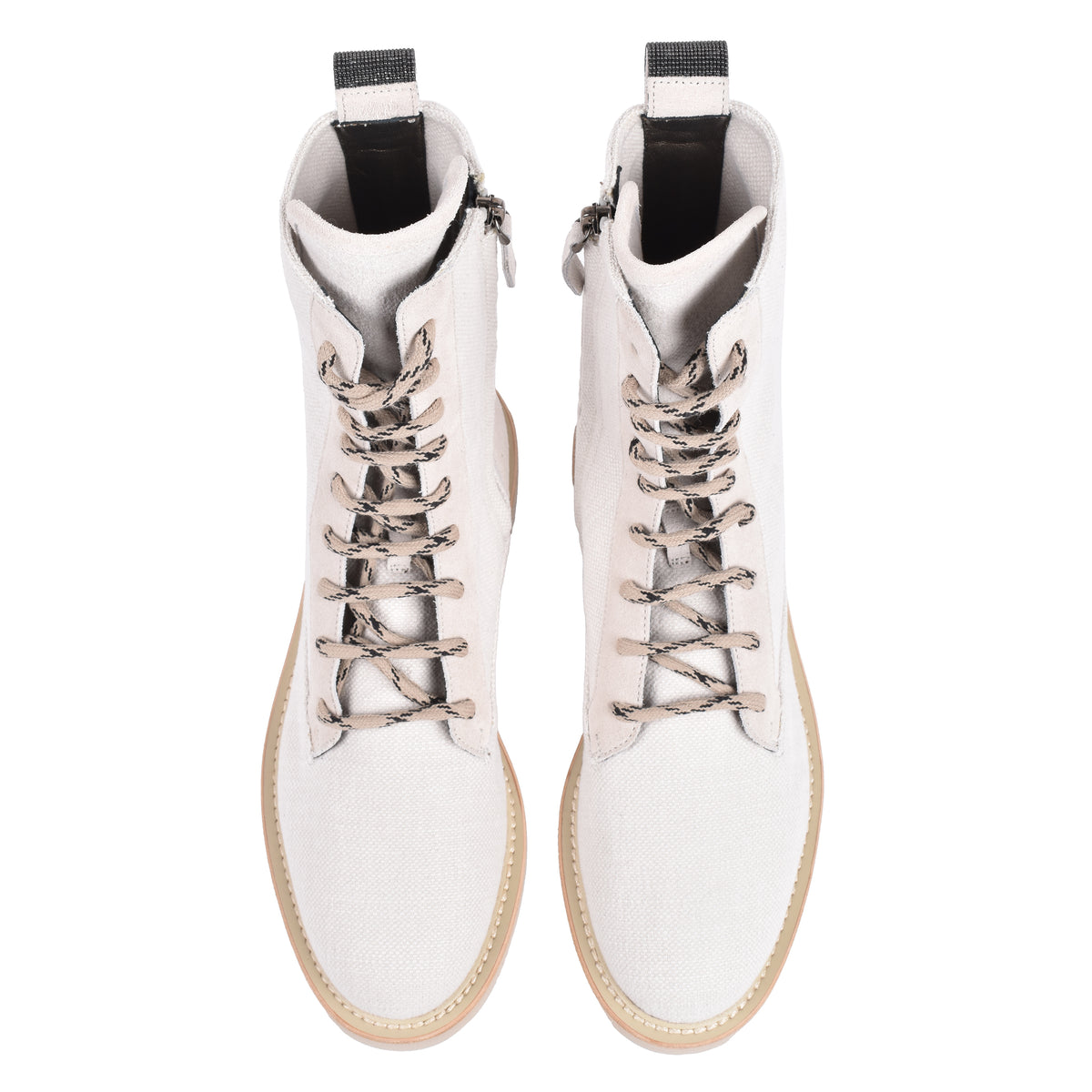 BRUNELLO CUCINELLI WOMEN'S LIGHT BEIGE CANVAS COMBAT BOOTS