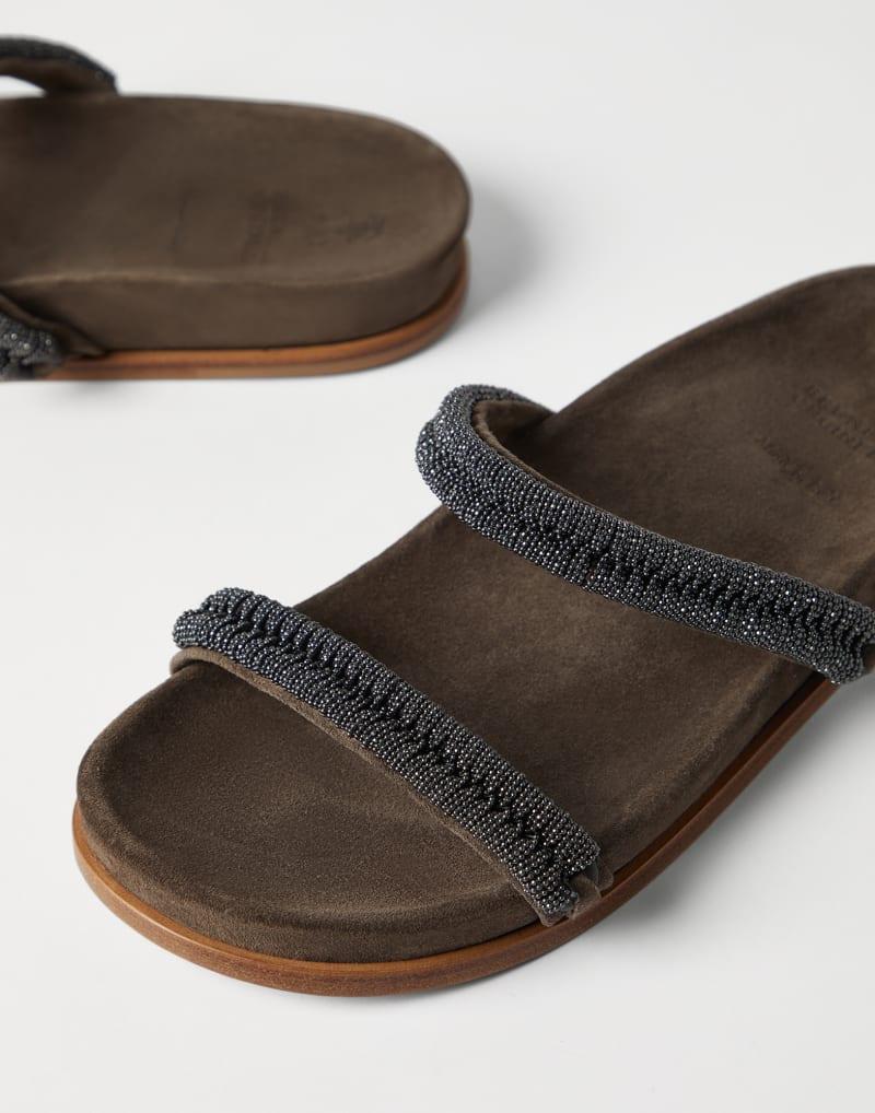 BRUNELLO CUCINELLI WOMEN'S BROWN SUEDE SANDALS WITH BEADED STRAPS