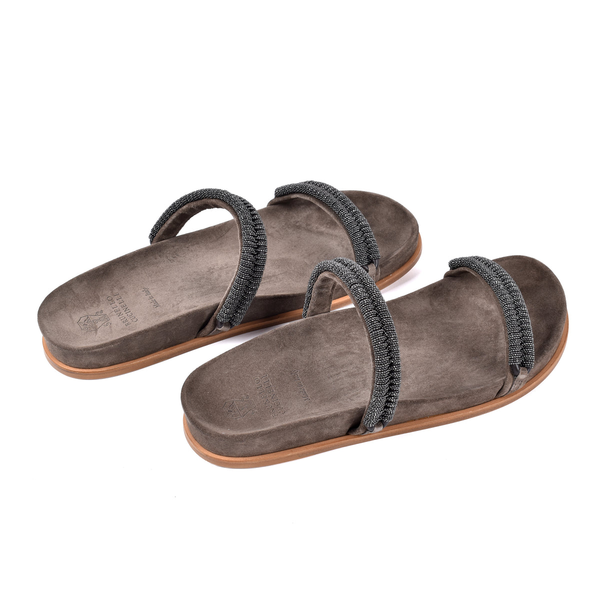 BRUNELLO CUCINELLI WOMEN'S BROWN SUEDE SANDALS WITH BEADED STRAPS