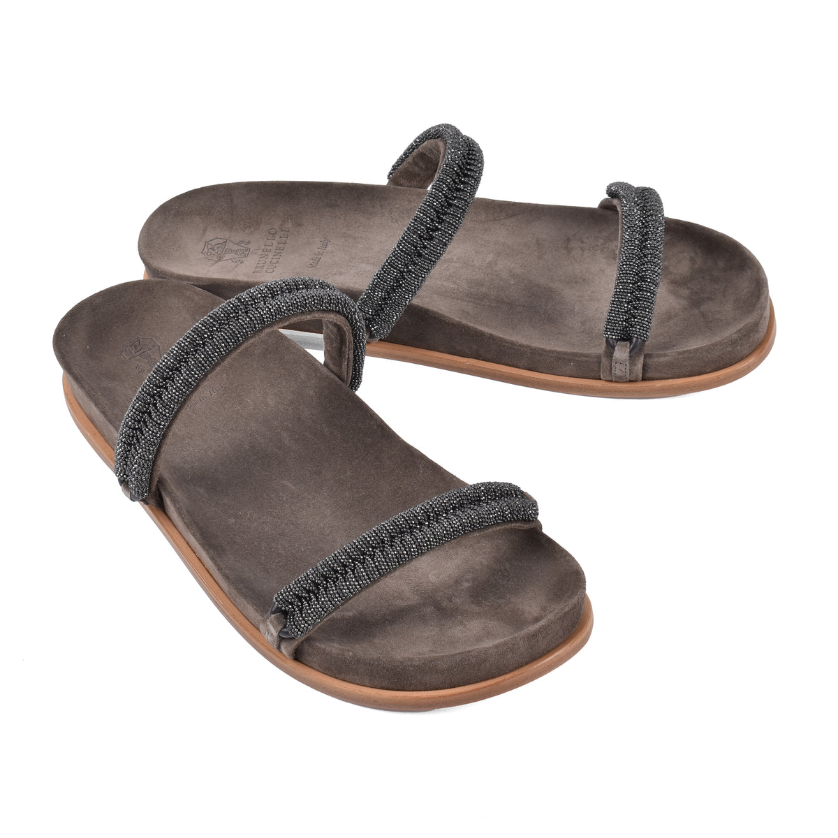 BRUNELLO CUCINELLI WOMEN'S BROWN SUEDE SANDALS WITH BEADED STRAPS