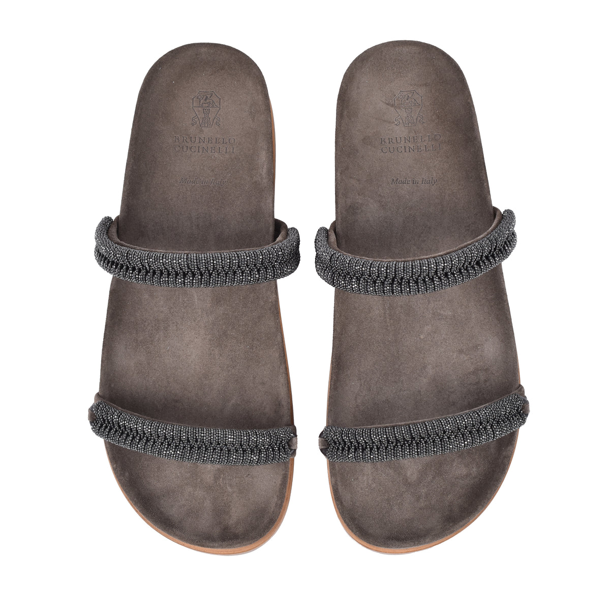 BRUNELLO CUCINELLI WOMEN'S BROWN SUEDE SANDALS WITH BEADED STRAPS
