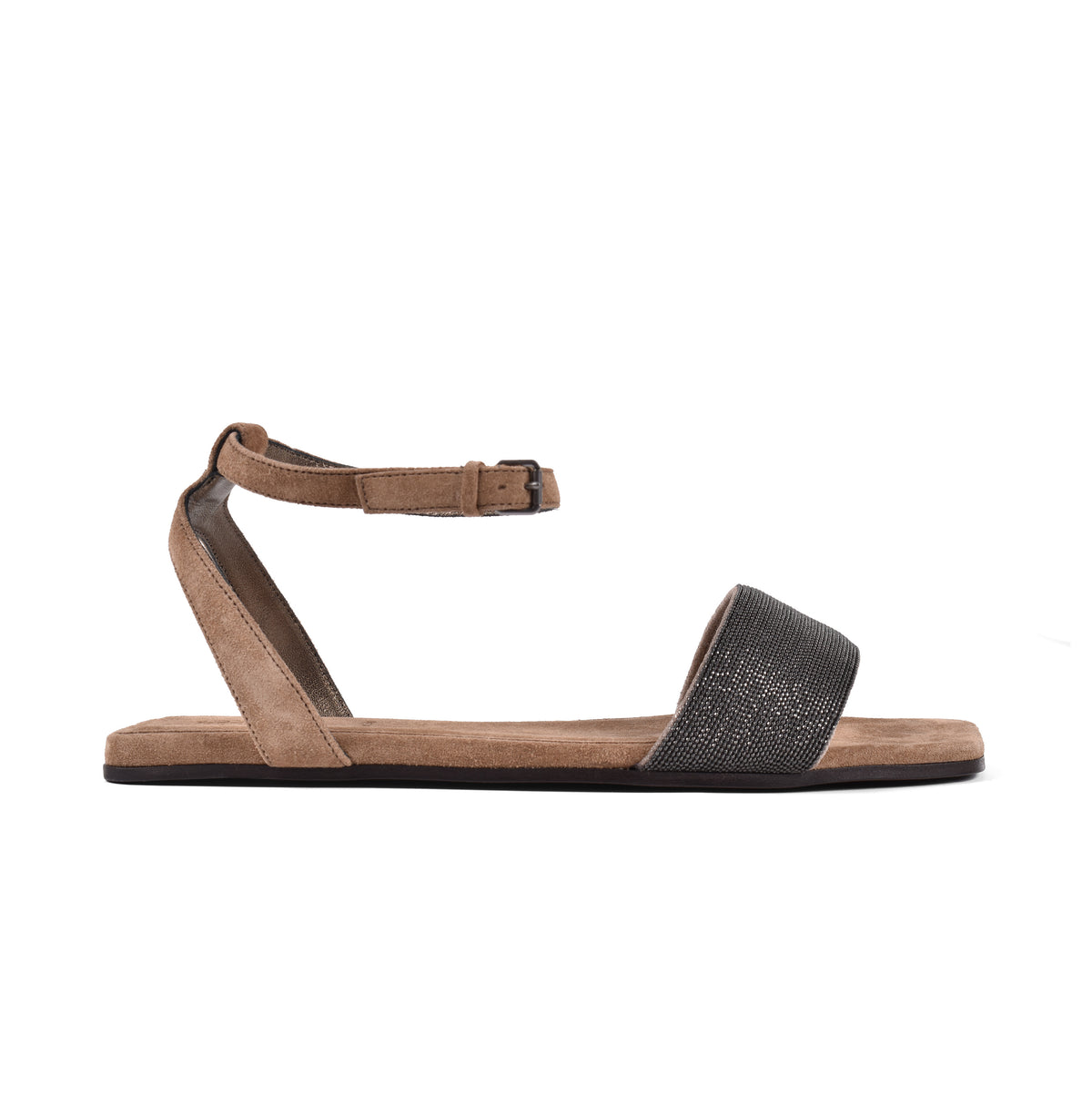 BRUNELLO CUCINELLI WOMEN'S BROWN LEATHER FLAT SANDALS WITH ANKLE STRAP