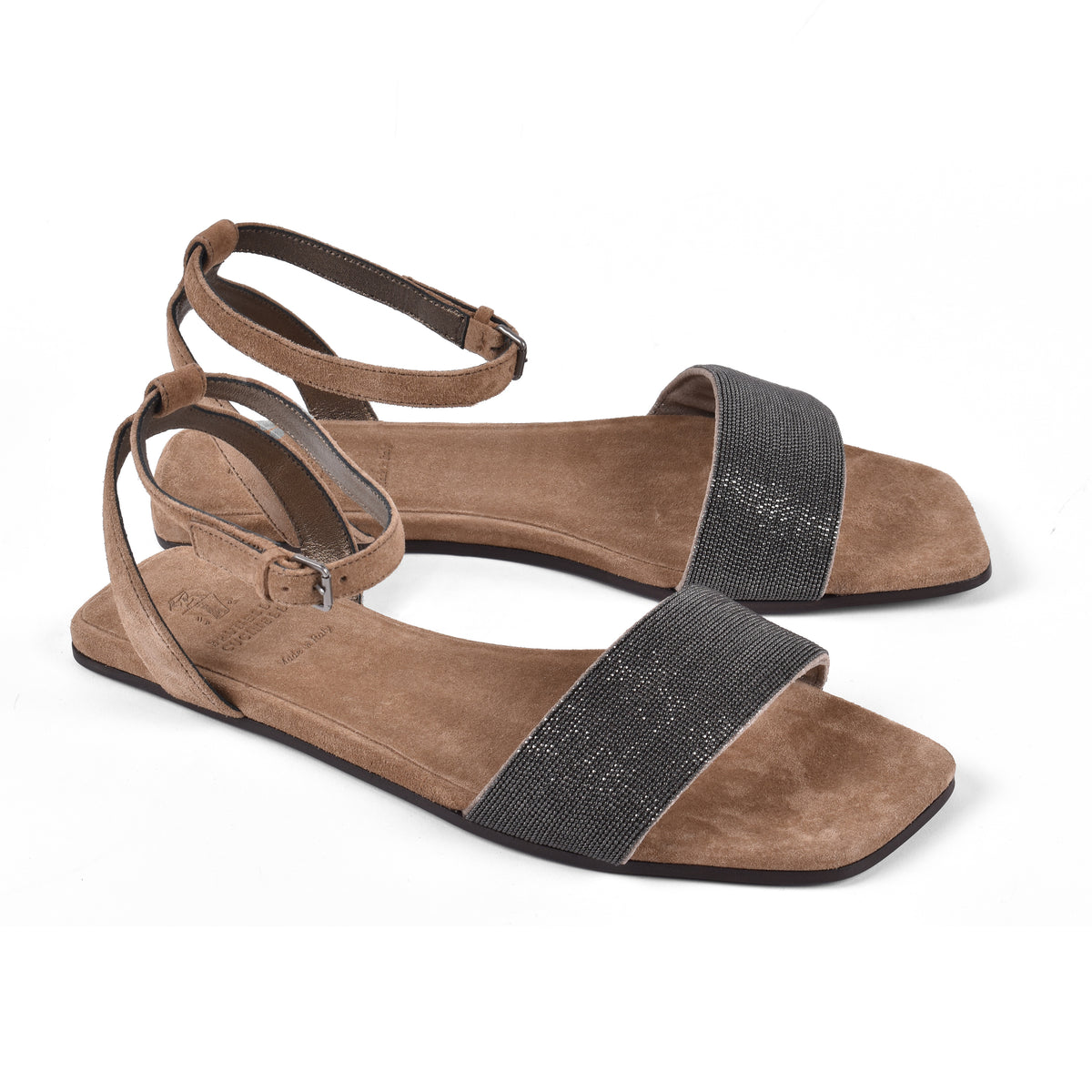 BRUNELLO CUCINELLI WOMEN'S BROWN LEATHER FLAT SANDALS WITH ANKLE STRAP