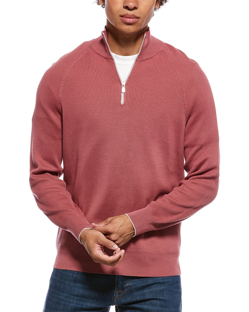 BRUNELLO CUCINELLI MEN'S RASPBERRY HALF ZIP SWEATER