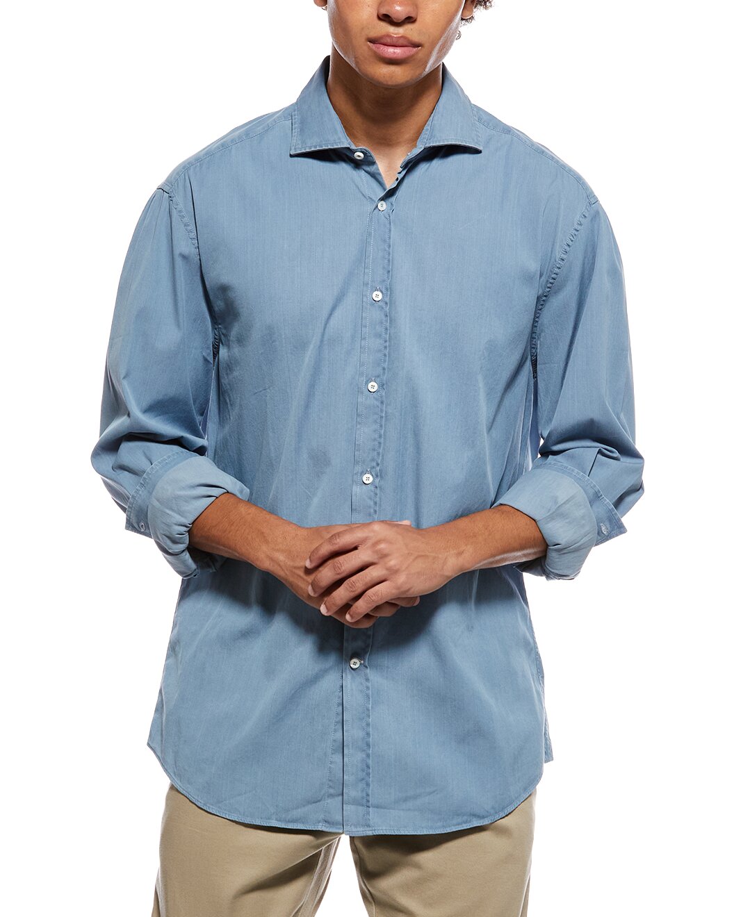 BRUNELLO CUCINELLI MEN'S LIGHT BLUE COTTON SHIRT