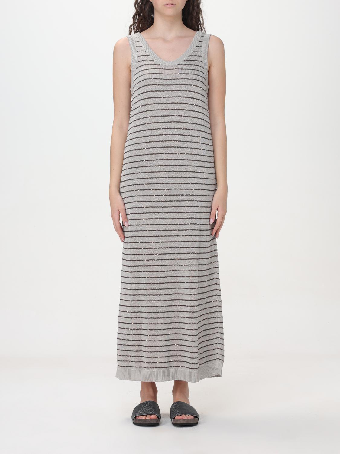 BRUNELLO CUCINELLI WOMEN'S LIGHT GREY STRIPED SLEEVELESS DRESS