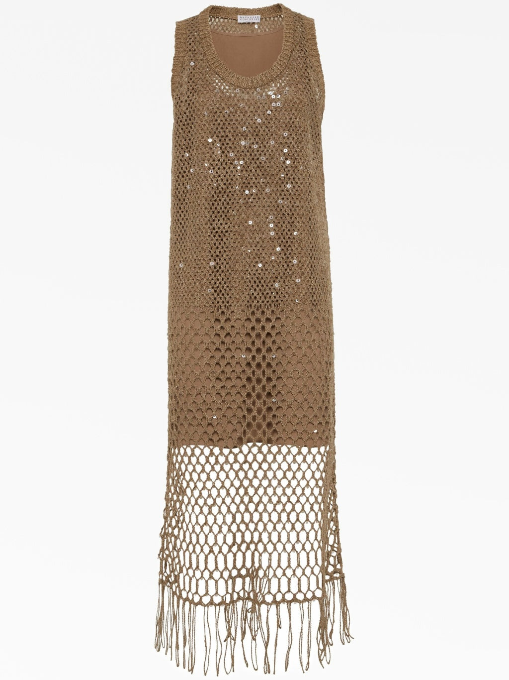 BRUNELLO CUCINELLI WOMEN'S FANGO SILK LINEN CROCHET DRESS WITH FRINGE