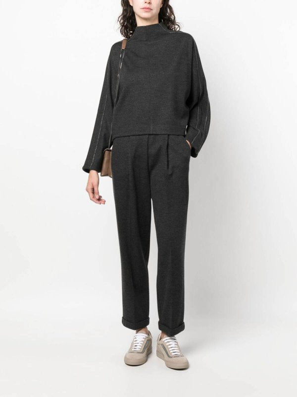 BRUNELLO CUCINELLI WOMEN'S DARK GREY WOOL HIGH WAIST TROUSERS