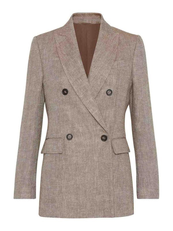 BRUNELLO CUCINELLI WOMEN'S TABACCO LINEN DOUBLE BREASTED JACKET