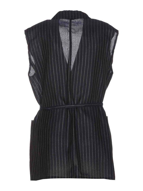 BRUNELLO CUCINELLI WOMEN'S BLUE SILVER PINSTRIPE SLEEVELESS JACKET WITH BELT