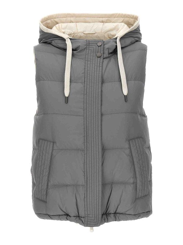 BRUNELLO CUCINELLI WOMEN'S MEDIUM GREY PADDED HOODED VEST