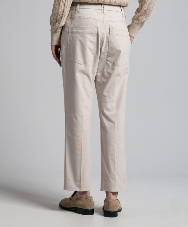 BRUNELLO CUCINELLI WOMEN'S LIGHT NEUTRAL SLIM COTTON TROUSERS WITH FRONT CREASE