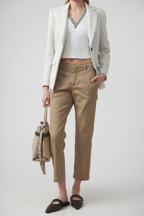 BRUNELLO CUCINELLI WOMEN'S LIGHT TAUPE COTTON STRAIGHT TROUSERS